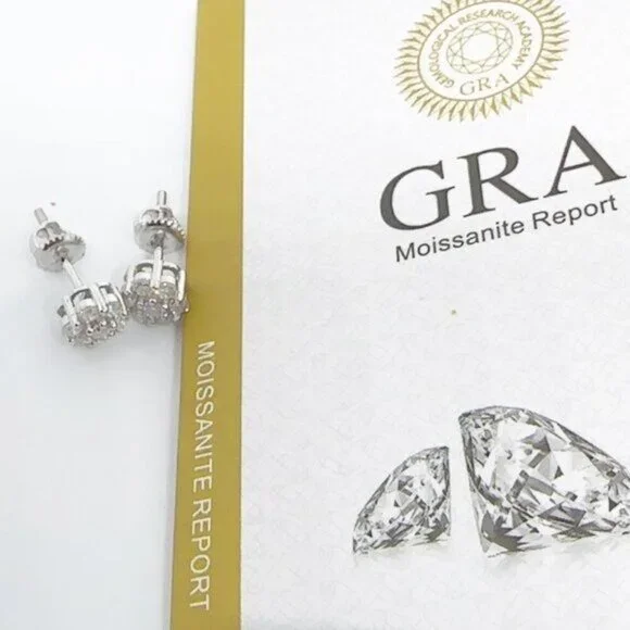 GRA Certified Moissanite Flower Cluster Stud Earrings Sterling Silver Screw Back - Picture 4 of 4